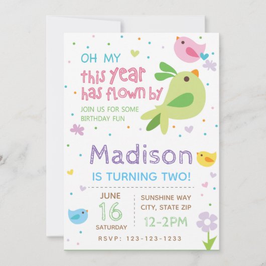 Invitation d'anniversaire d'oiseaux (Devant)