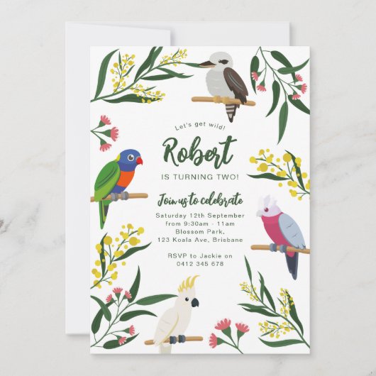 Invitation d'anniversaire d'oiseaux australiens (Devant)