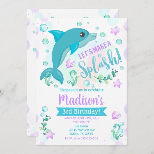 Invitation d'anniversaire Dolphin / Fête de la pis (Devant / Derrière)