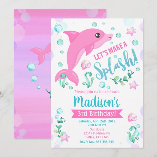 Invitation d'anniversaire Dolphin / Fête de la pis (Devant / Derrière)