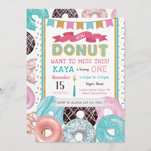 Invitation d'anniversaire Donut (Devant / Derrière)