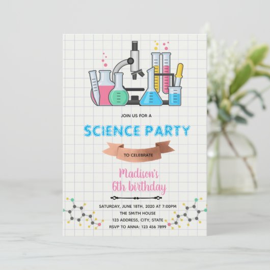 Invitation d'anniversaire Doodle science (Debout devant)