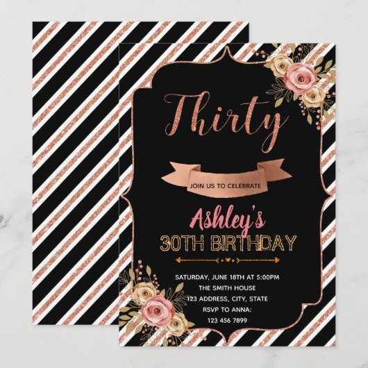 Invitation d'anniversaire d'or de rose de noir (Devant / Derrière)