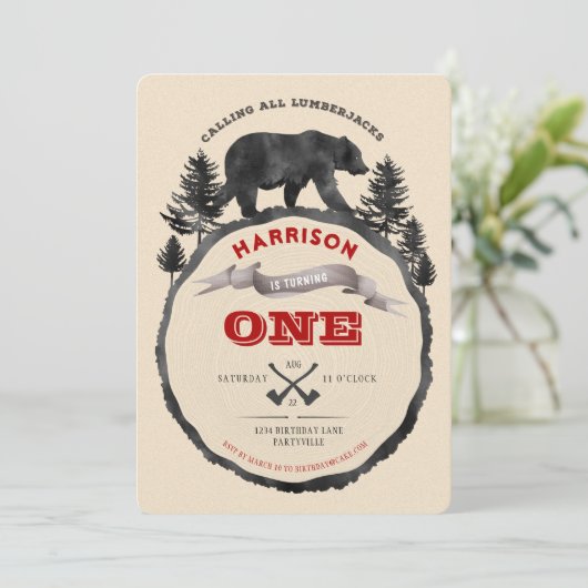 Invitation d'anniversaire d'ours de bûcheron (Debout devant)