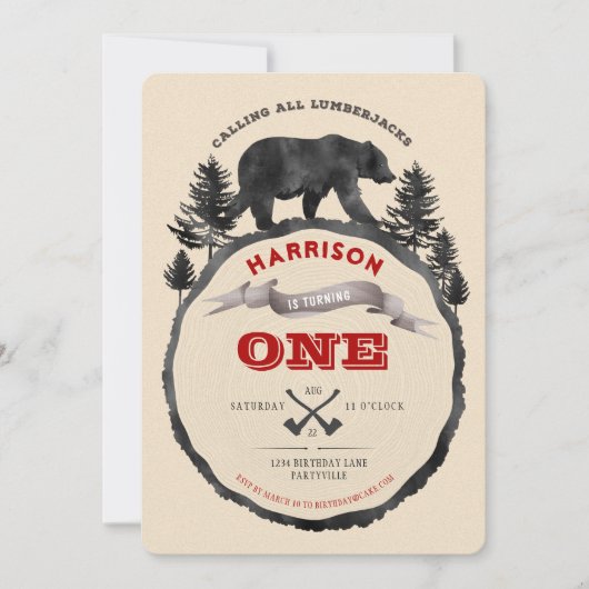 Invitation d'anniversaire d'ours de bûcheron (Devant)