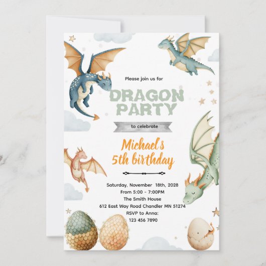 Invitation d'anniversaire dragon et oeufs (Devant)