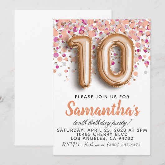 Invitation d'anniversaire du 10e Rose (Devant / Derrière)