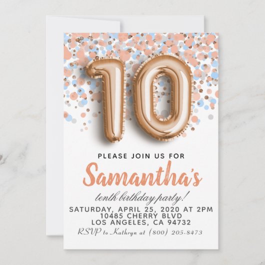Invitation d'anniversaire du 10e Rose (Devant)