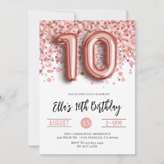 Invitation d'anniversaire du 10e Rose (Devant)