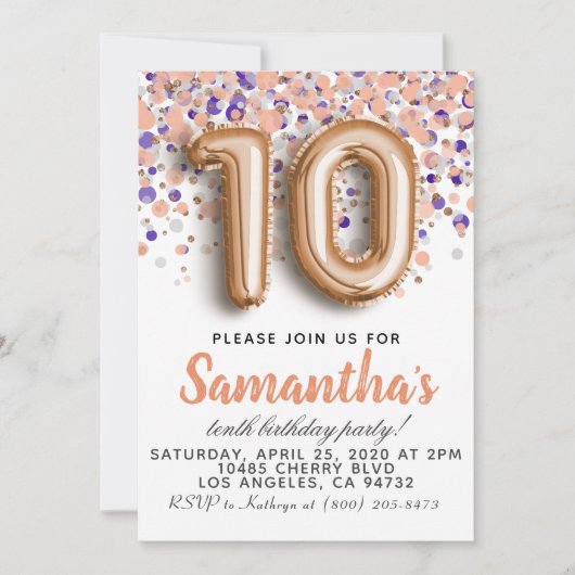Invitation d'anniversaire du 10e Rose (Devant)