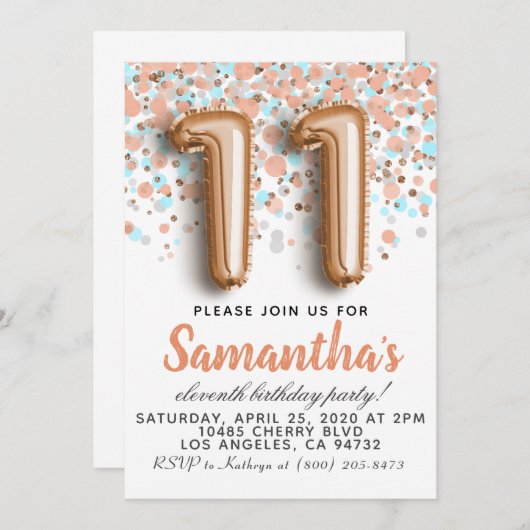 Invitation d'anniversaire du 11e Rose (Devant / Derrière)