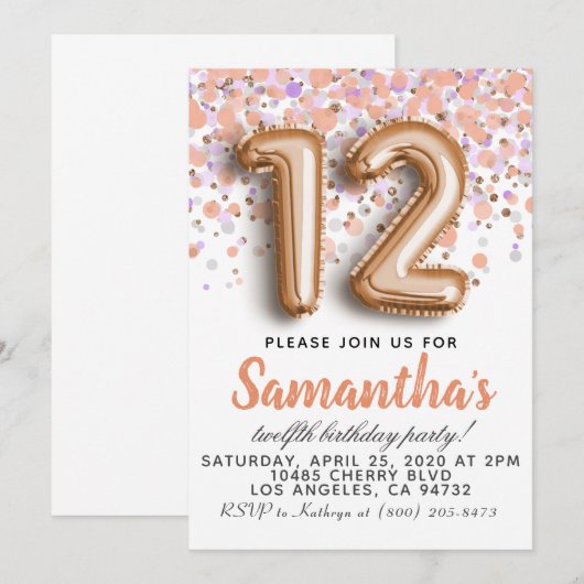 Invitation d'anniversaire du 12e Rose (Devant / Derrière)