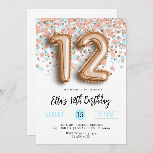 Invitation d'anniversaire du 12e Rose (Devant / Derrière)