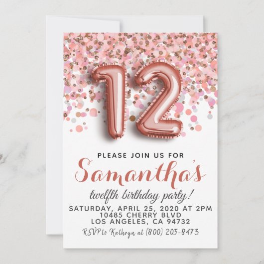 Invitation d'anniversaire du 12e Rose (Devant)