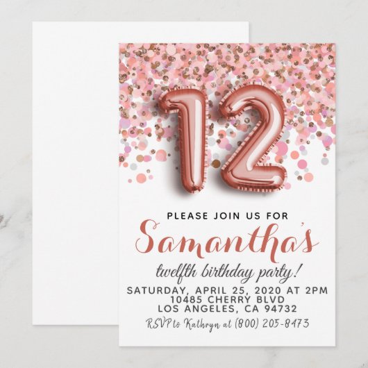 Invitation d'anniversaire du 12e Rose (Devant / Derrière)