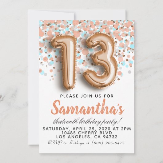 Invitation d'anniversaire du 13e Rose (Devant)