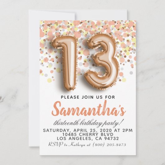 Invitation d'anniversaire du 13e Rose (Devant)