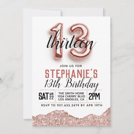 Invitation d'anniversaire du 13e Rose (Devant)