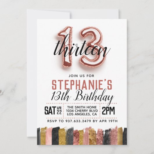 Invitation d'anniversaire du 13e Rose (Devant)