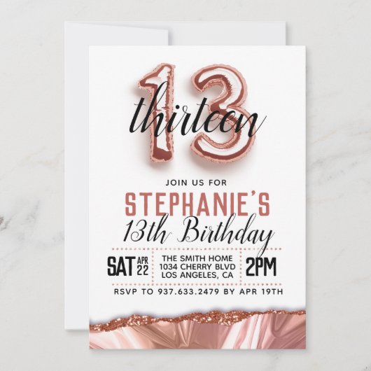 Invitation d'anniversaire du 13e Rose (Devant)