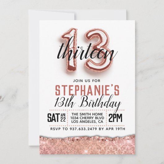Invitation d'anniversaire du 13e Rose (Devant)