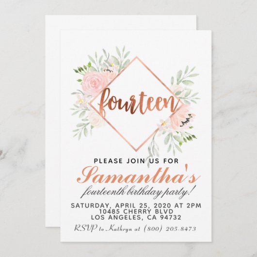 Invitation d'anniversaire du 14e Rose (Devant / Derrière)