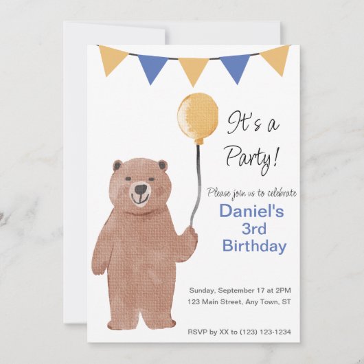 Invitation d'anniversaire du ballon Teddy Bear (Devant)
