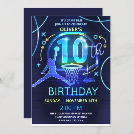 Invitation d'anniversaire du basket-ball de néon (Devant / Derrière)