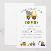 Invitation d'anniversaire du camion de constructio (Devant / Derrière)