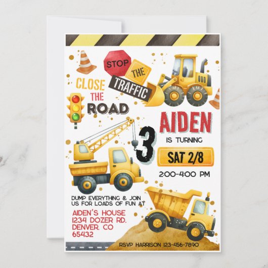 Invitation d'anniversaire du camion de constructio (Devant)