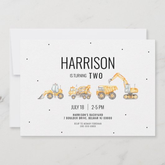 Invitation d'anniversaire du camion de constructio (Devant)