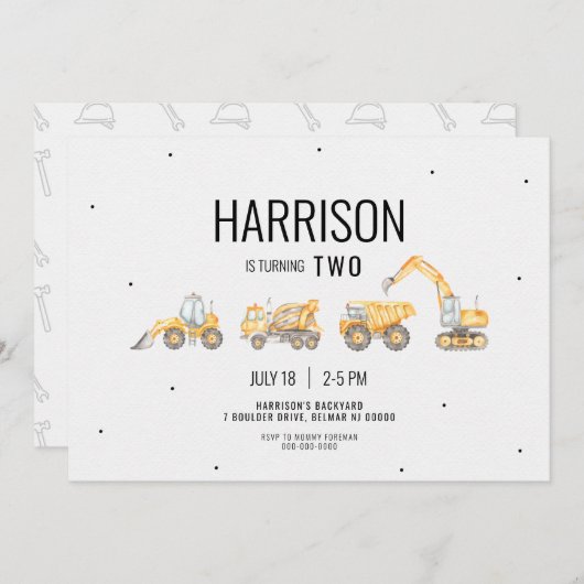 Invitation d'anniversaire du camion de constructio (Devant / Derrière)