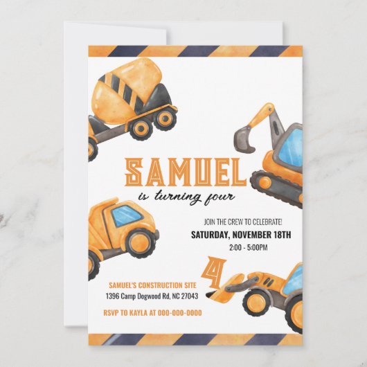 Invitation d'anniversaire du camion de constructio (Devant)