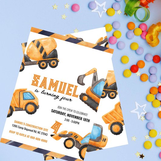 Invitation d'anniversaire du camion de constructio