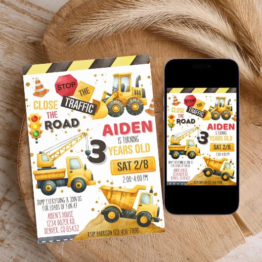 Invitation d'anniversaire du camion de constructio