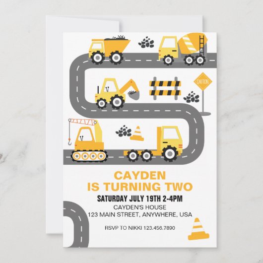 Invitation d'anniversaire du camion de constructio (Devant)