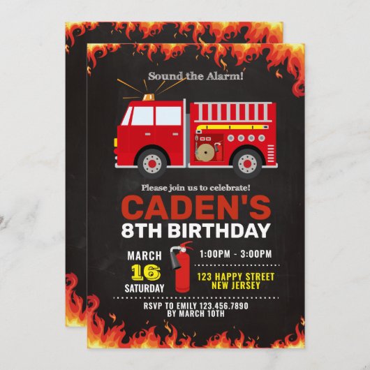 Invitation d'anniversaire du camion-feu (Devant / Derrière)