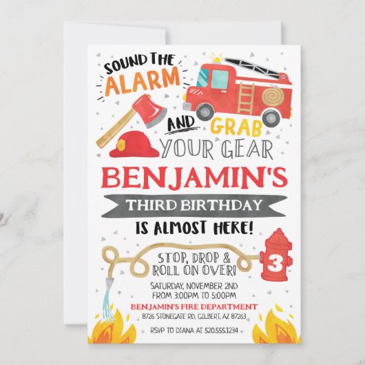Invitation d'anniversaire du camion-feu (Devant)