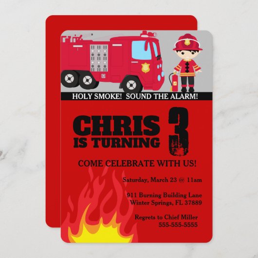 Invitation d'anniversaire du camion-feu (Devant / Derrière)