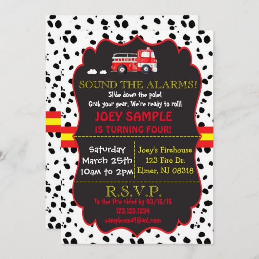 Invitation d'anniversaire du camion-feu (Devant / Derrière)