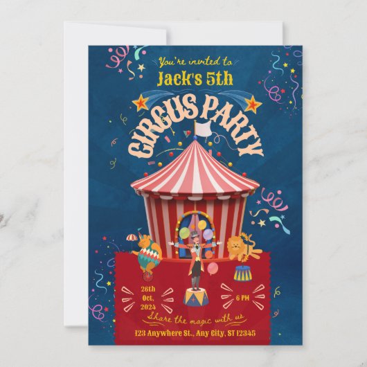 Invitation d'anniversaire du Carnaval/Cirque (Devant)
