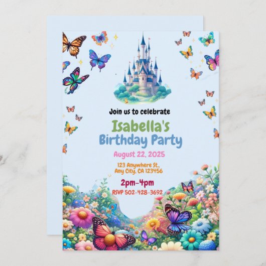 Invitation d'anniversaire du château enchanté (Devant / Derrière)
