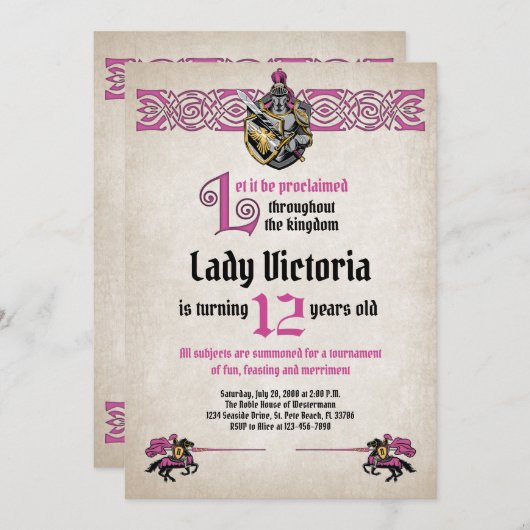Invitation d'anniversaire du Chevalier médiéval (Devant / Derrière)