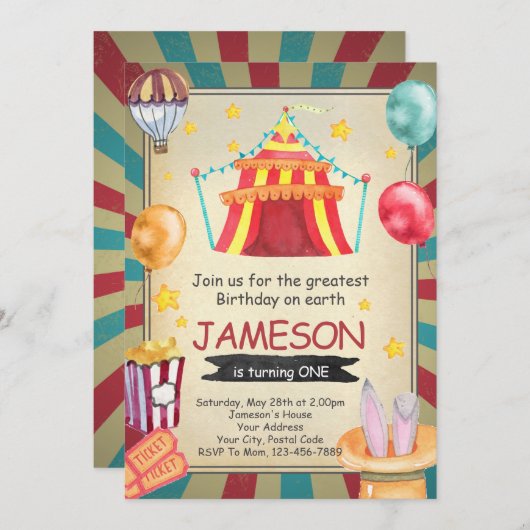 Invitation d'anniversaire du cirque (Devant / Derrière)
