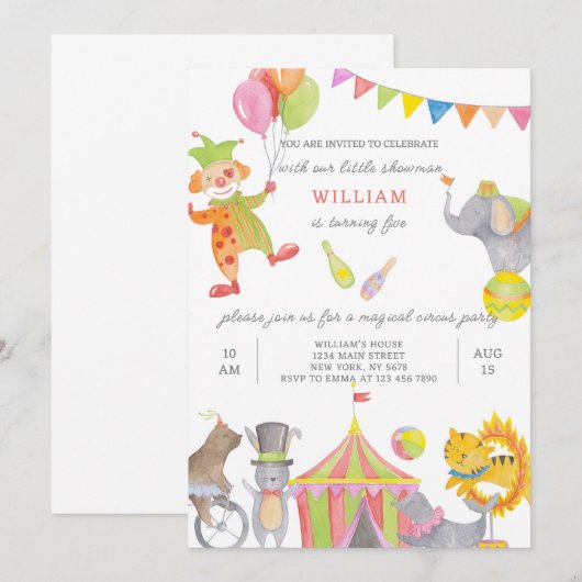 Invitation d'anniversaire du cirque (Devant / Derrière)