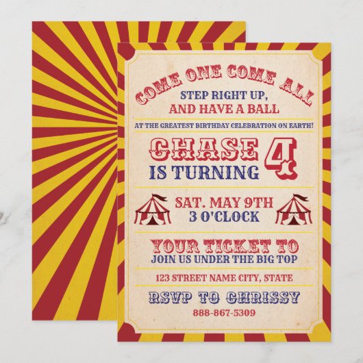 Invitation d'anniversaire du cirque (Devant / Derrière)