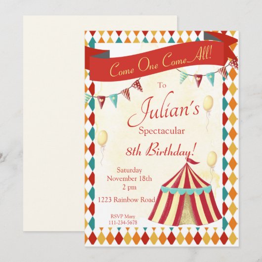 Invitation d'anniversaire du cirque, Carnaval édit (Devant / Derrière)