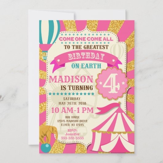 Invitation d'anniversaire du cirque Carnaval Pink  (Devant)