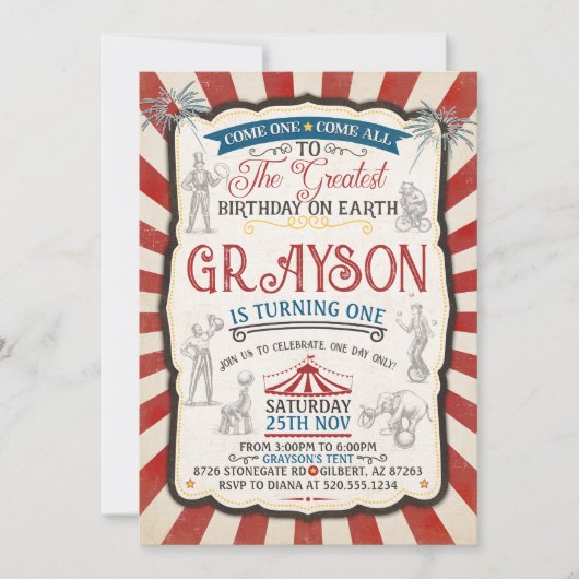 Invitation d'anniversaire du cirque vintage (Devant)