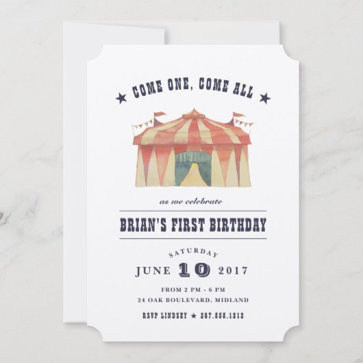 Invitation d'anniversaire du Cirque vintage (Devant)